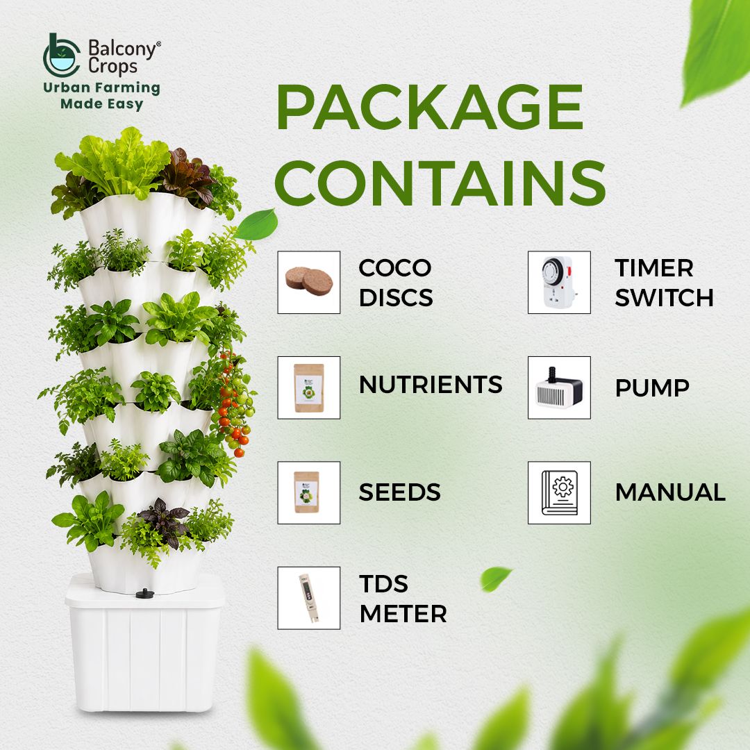 Fresh greens growing in Balcony Crops aeroponics tower